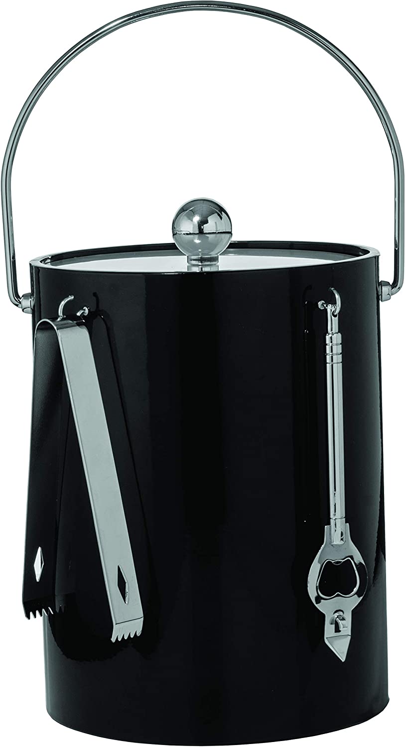 Hand Made In USA Black Double Walled 5Quart Insulated Ice Bucket With Ice Tongs & Bottle Opener