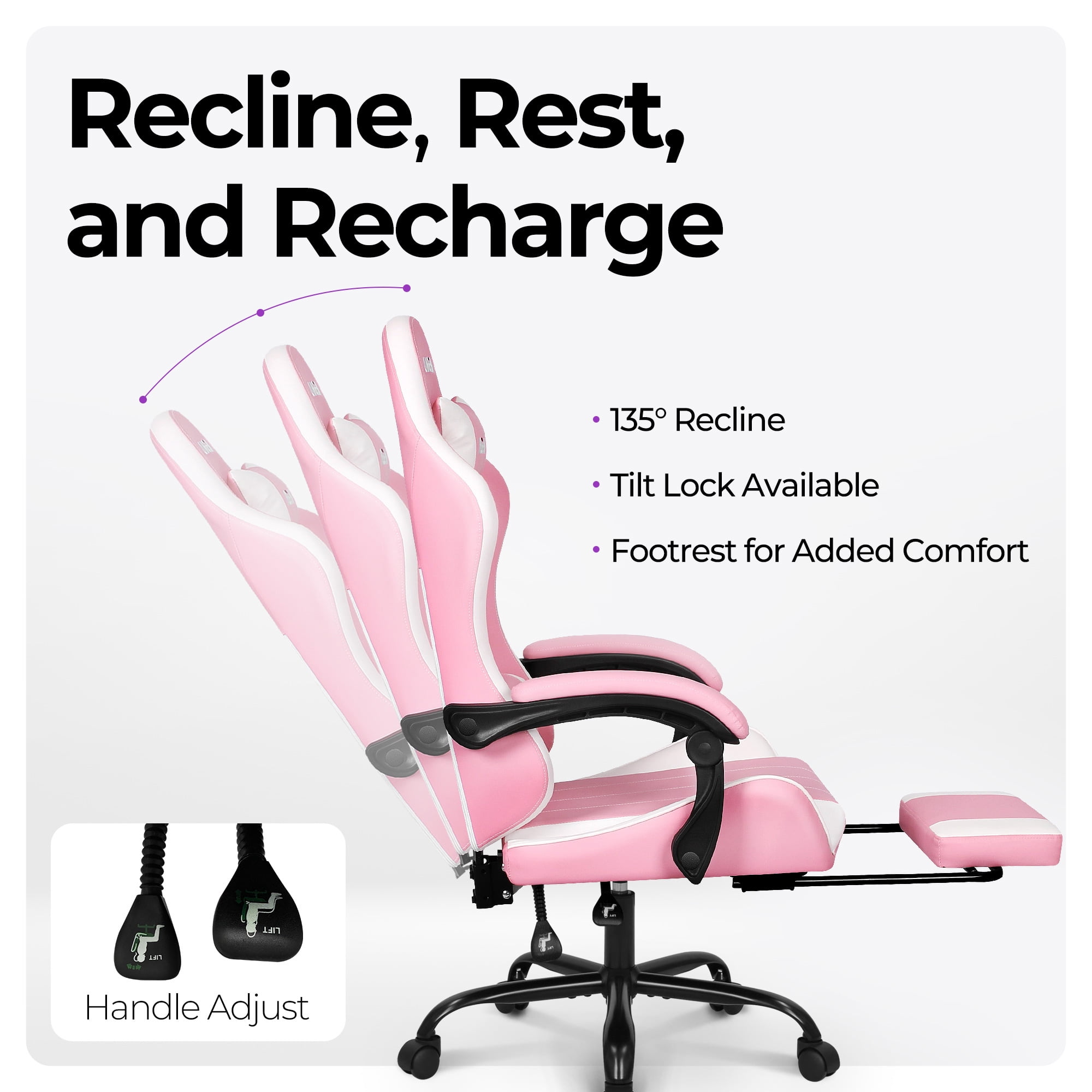 NEO CHAIR Video Gaming Chair with Footrest High Back Ergonomic Comfortable Office Computer Desk with Lumbar Support Height Adjustable with PU Leather Recliner for Adults Women Men (Pink)
