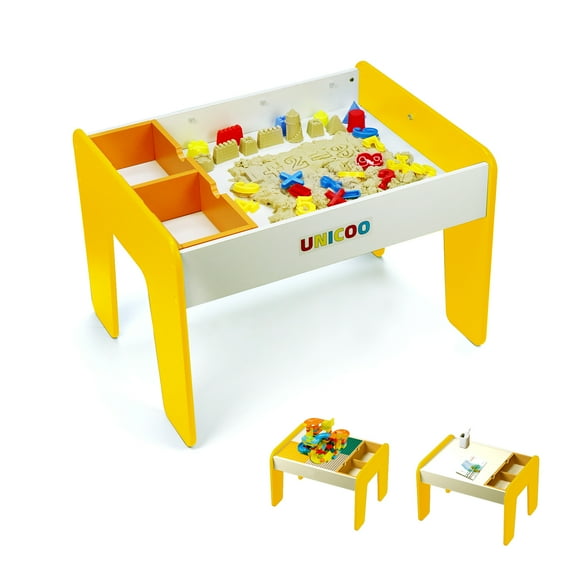 UNICOOยฎ 5-in-1 Kids Sand & Activity Table with Play Sand, Molds & Building Blocks | Sensory Play Table, Study Desk & Storage for Toddlers | Kids Summer Indoor & Outdoor Games (Yellow)