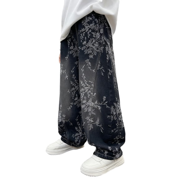 XQYLOS Boys Baggy Barrel Jeans Wide Leg Denim Retro Washed Straight Leg Unisex Casual 𝖸𝟤𝗄 Streetwear Pants