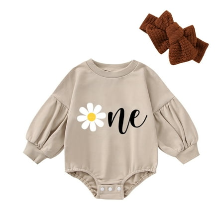 

Meihuida Baby Girls Romper Set Long Sleeve Crew Neck Flower Letters Print Romper with Bowknot Hairband