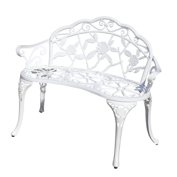 Outdoor Patio Bench Leisure Rose Chair, Cast Aluminum Bench for Garden, Lawn, Yard, White