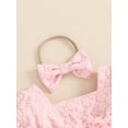 thumbnail image 5 of Argulvti Infant Baby Girls Summer Romper Dress with Bow Headband 3D Flower Short Puff Sleeve Square Neck Tulle Jumpsuit, 5 of 7