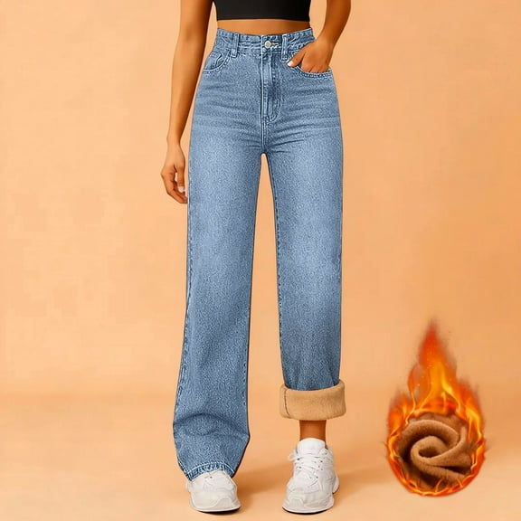 BILIKEYU Women's Fleece Lined High Waisted Straight Leg Jeans, Womens Fall Pants, Flannel Pajama Pants Women, Womens Trousers