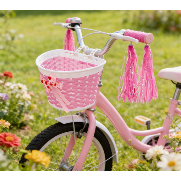 SeekLGT Woven Wicker Bicycle Basket Front with 2 Streamers, Pink Bike Basket for Girls and Toddler Bikes, Lightweight Small Cycle Accessories, 1x Basket and 2x Streamers