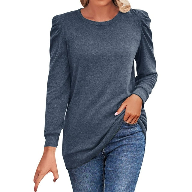 YDLCAFD Femmes Automne Hiver Nouveau Col Rond Ample Plissé Manches Longues Haut Uni T-Shirts Graphiques pour Femmes T-Shirts Personnalisés Logo T-Shirts Graphiques Chien pour Femmes
