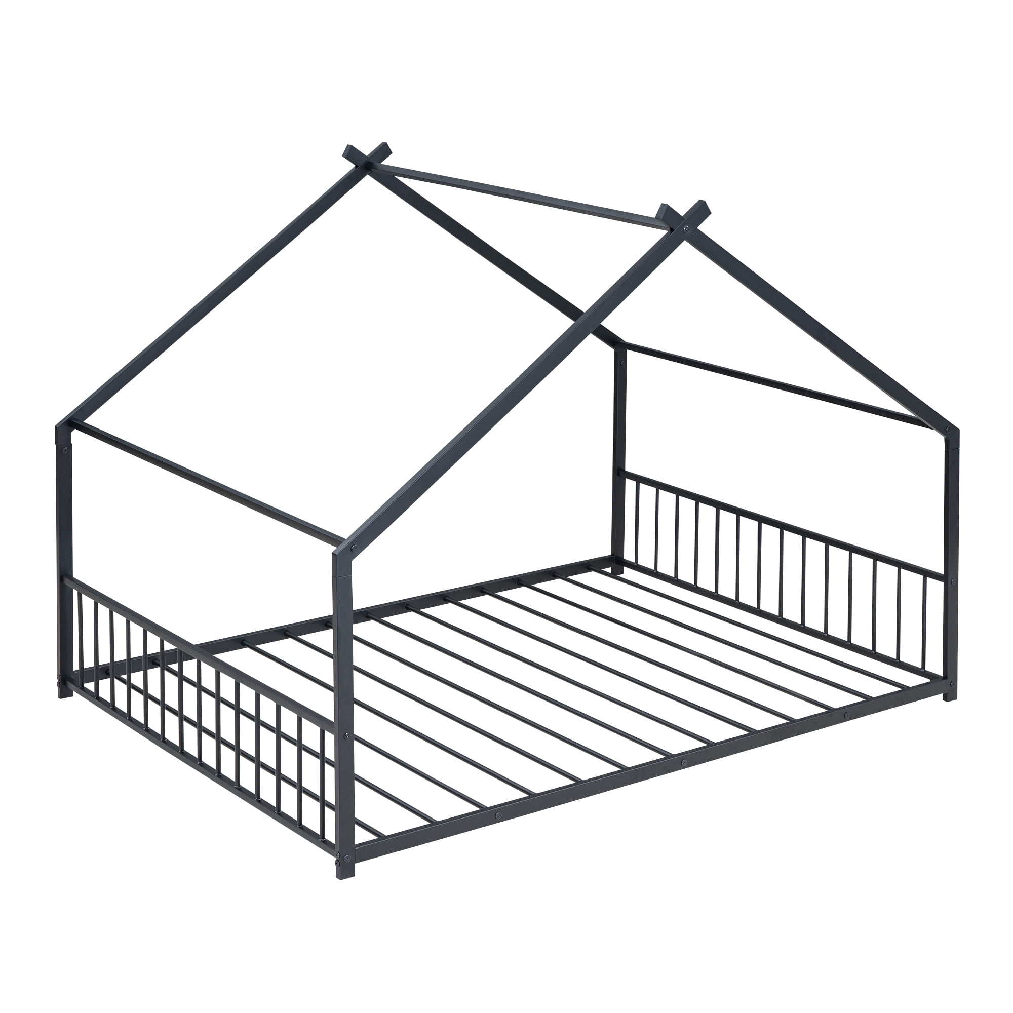 Gewnee Full Size House Bed with Roof and Fence,Metal Montessori Platform Bed for Toddle and Kids,Black
