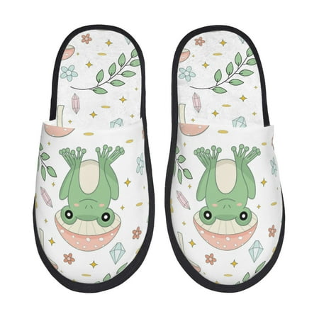 Balery Frog and Mushrooms Slient Indoor Furry Fleece Comfort House Shoes Soft Non-Slip Home Shoes Cotton slippers House Slippers-- Large