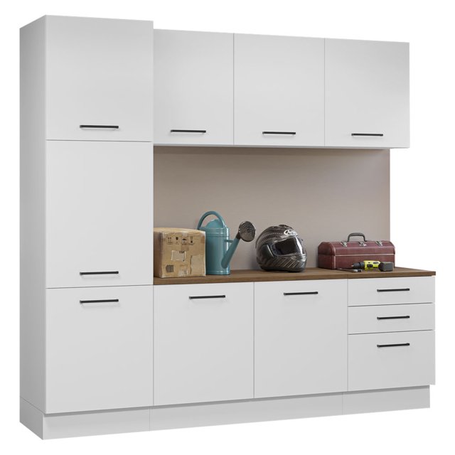 Madesa Ensemble d'Armoires de Rangement de Garage 94 Po L avec 8 Portes, Multiples Compartiments et 3 Tiroirs, Organisation Modulaire, Garde-Manger, Base, Armoire, Placard - Blanc