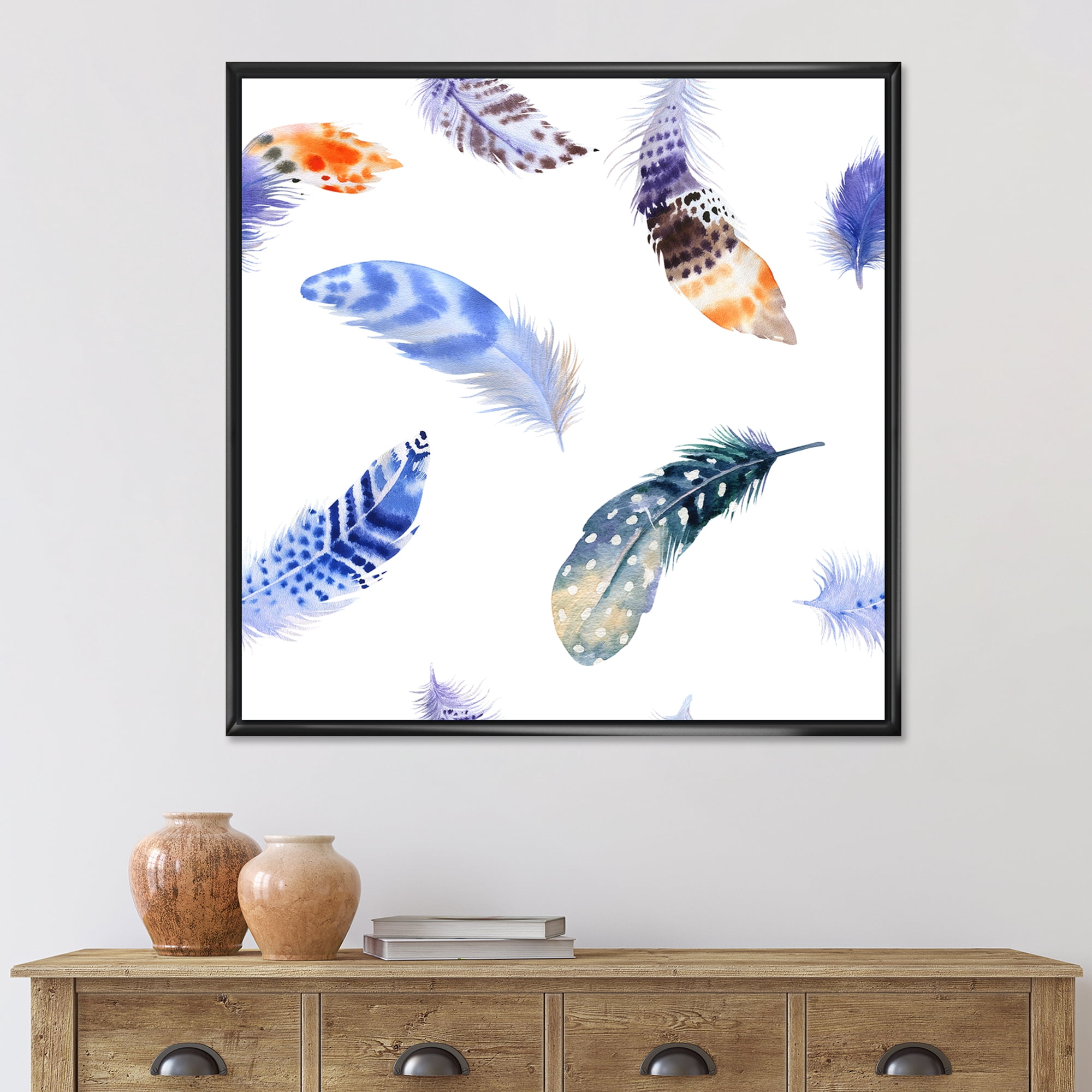 Designart 'Colourful Boho Feather Set On White VII' Bohemian & Eclectic Framed Canvas Wall Art Print