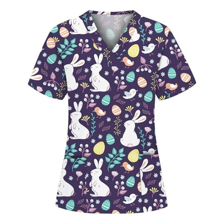 

Easter Scrubs Tops Women Nurse Working Uniforms Cartoon Printed V Neck Short Sleeve Medical Scrub Shirts /XXL