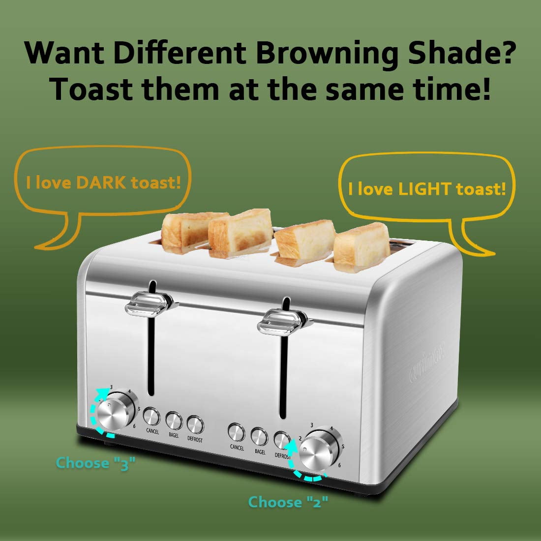 Stainless Steel CUSIMAX 4-Slice Toaster: Extra-Wide Slots, Ultra-Clear LED Display & 6 Shade Settings (Dual Control Panels + Cancel/Bagel/Defrost + Removable Trays)
