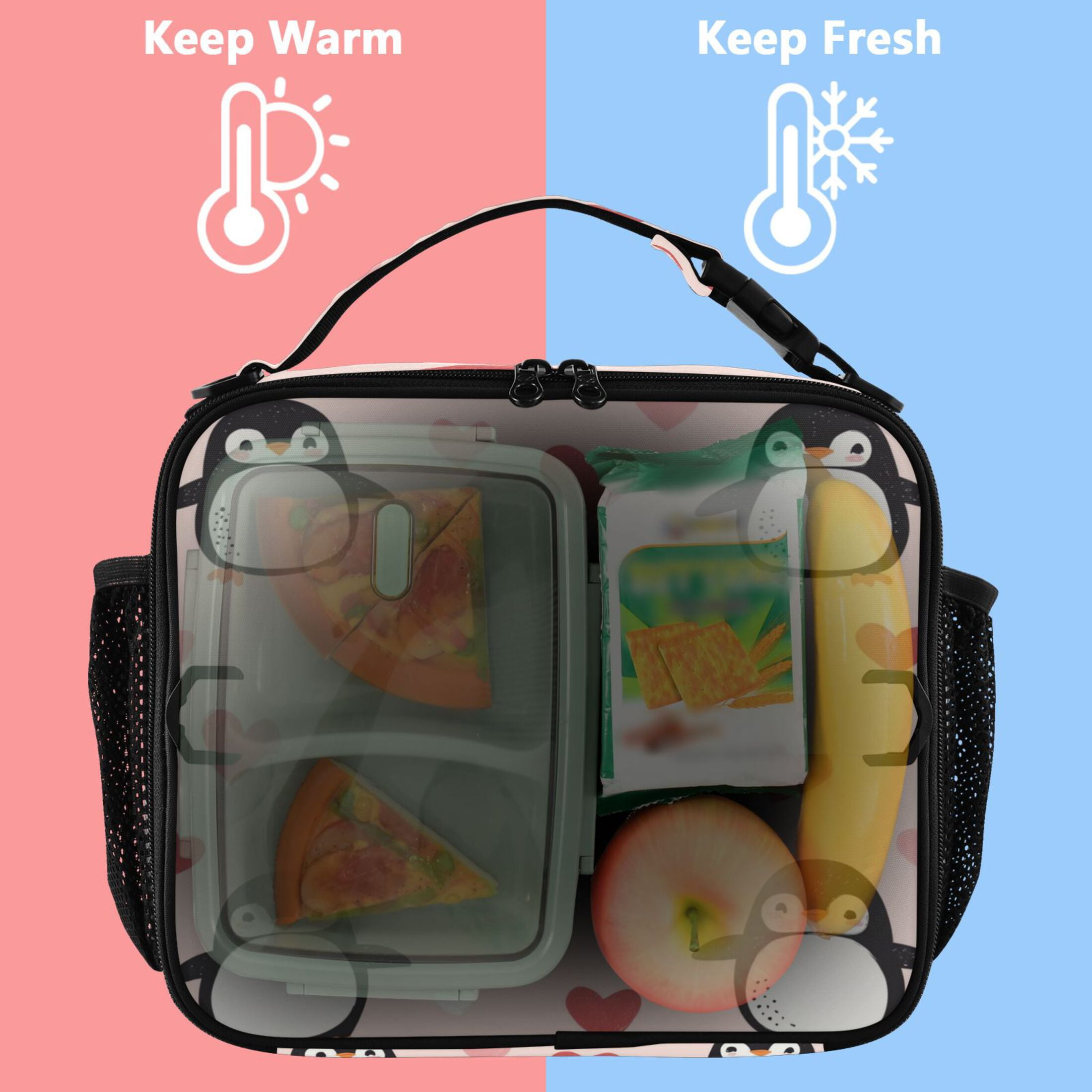 WOBOGO Cute Penguins Hearts Pattern Tote Lunch Bag High Quality Insulated Aluminium Film For Cold with Adjustable Shoulder Strap 11.2×9.8×3.5in