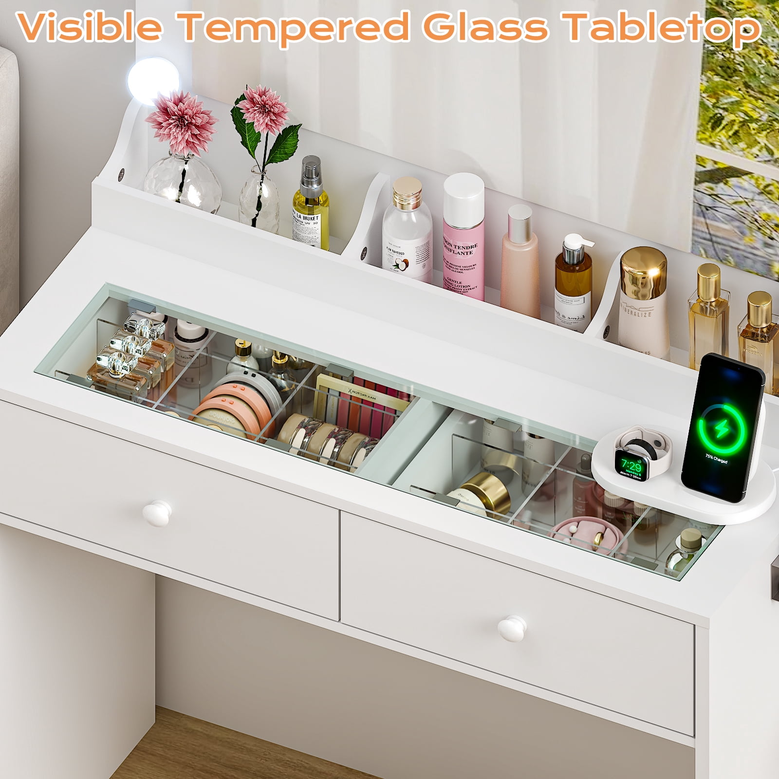Ktaxon Get Ready with Me GRWM Makeup Vanity Desk with Lighted Mirror, Dressing Table W/Charging Station & Hair Dryer Rack,White