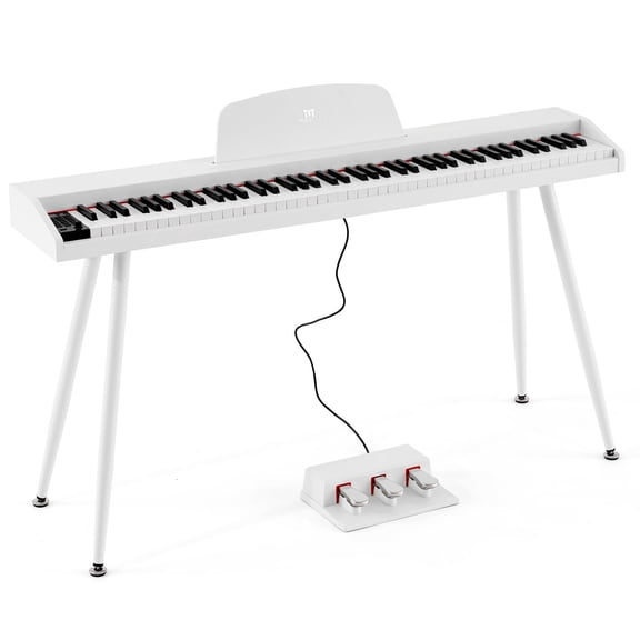 MUSTAR 88 Keys Full Size Semi Weighted Digital Piano Portable Electric Dual Keyboard for Beginners with USB/MIDI,Triple Pedal,4 Legged Stands(White)