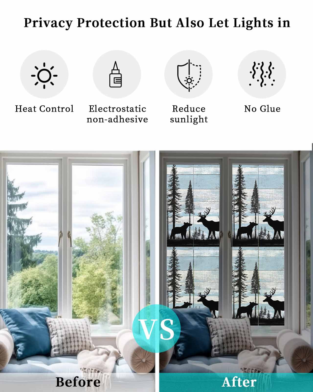 Window Privacy Film Deer Bear Stained Glass Window Film Decorative Sun Block Window Cover Retro Farmhouse Trees Forest Wooden Grain Window Clings Static Adhesive Sticker for Bathroom 29.5"x118"