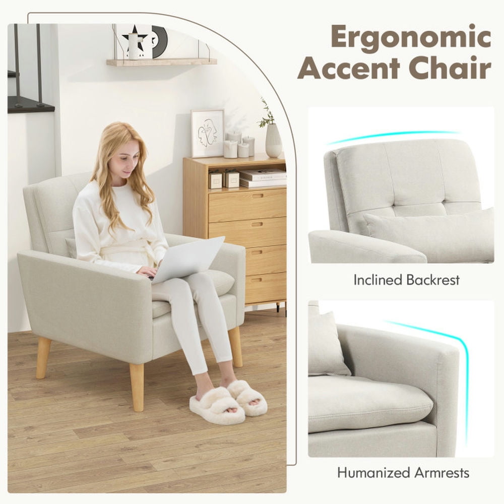 Finihen Accent Chair, Upholstered Accent Armchair, Accent Chair with Lumbar Pillow Natural Rubber Wood Legs Padded Cushions, for Living Room, Bedroom, Reception Room, Beige Finihen Accent Chair, Upholstered Accent Armchair, Accent Chair with Lumbar Pillow Natural Rubber Wood Legs Padded Cushions, for Living Room, Bedroom, Reception Room, Beige