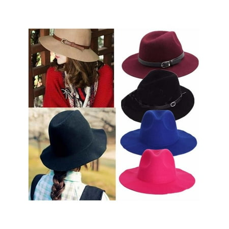 Wool Trilby Hat - New Women Winter Warm Wool Belt Buckle Wide Brim Trilby Fedora Caps Cowboy Hats