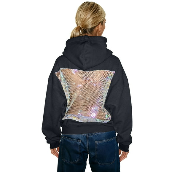 Autumn Winter Hooded Sweatshirt Fashion Solid Color Backless Cutout Mesh Pullover Casual Streetwear Top For with Pocket Hooded Sweat Shirts Zip up Tunic Hoodie Light Long Sleeve Lightweight Pu Black S