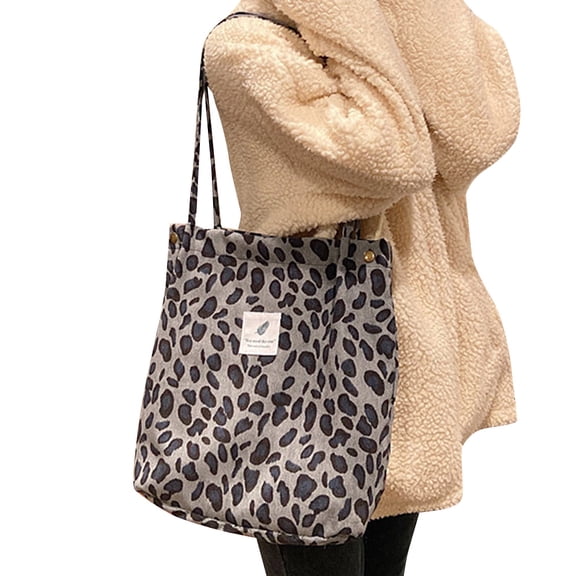 NFTIGB Elegant Leopard Print Corduroy Shoulder Bag Vintage Women Totes Reusable Soft Travel Shopping Handbag, 14.2 inches / 36 cm Grey
