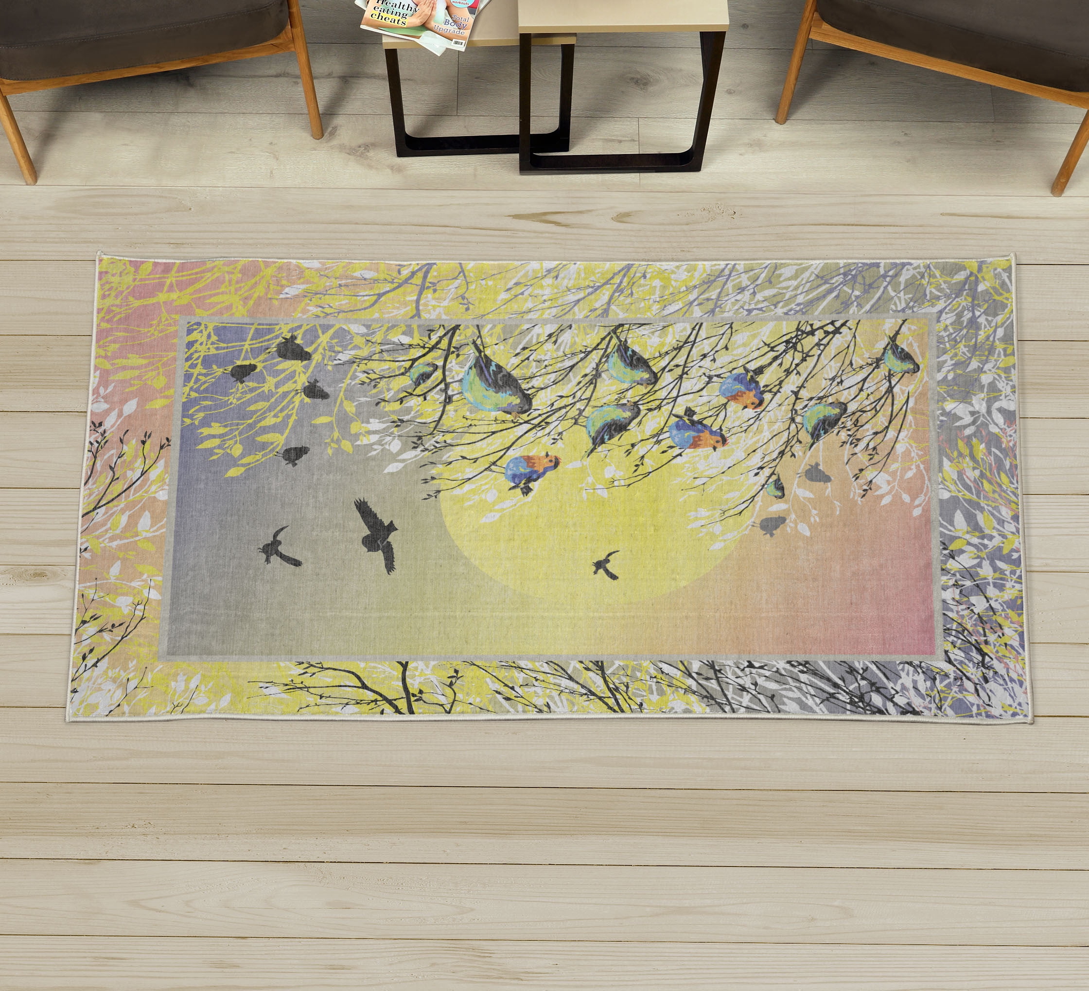 Birds Decorative Rug, Nature Themed Design of Flying Animals on Bare ...