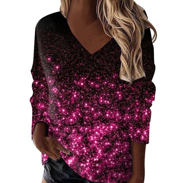 Gibobby Blusas Manga Larga Para Mujer Camiseta de manga larga con cuello en V y estampado a la moda para mujer(Rosa, XL)