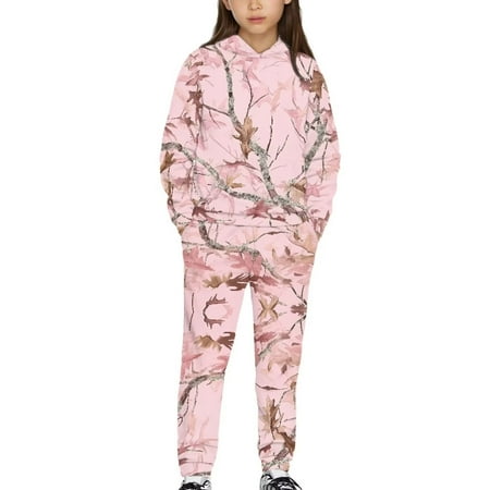 Uorisanigo 2 Piece Set Girls Boys Active Sweat Set – Soft Stylish Pink Camo Hunting Pullover Hoodie and Jogger Pants Sweatsuit Casual Clothes Fall Winter Outfits