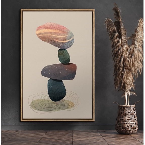 PixonSign Framed Canvas Print Wall Art Multicolor Navy and Pink Rocks Geometric Shapes Mixed Media Modern Art Minimalist Portrait Relax/Calm Ultra for Living Room, Bedroom, Office - 16"x24" Natural