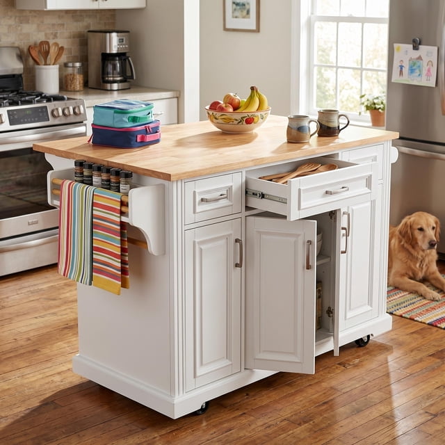 Homy Casa 54" Kitchen Island Cart, White, Foldable Rubberwood Top, Storage, Rolling Wheels