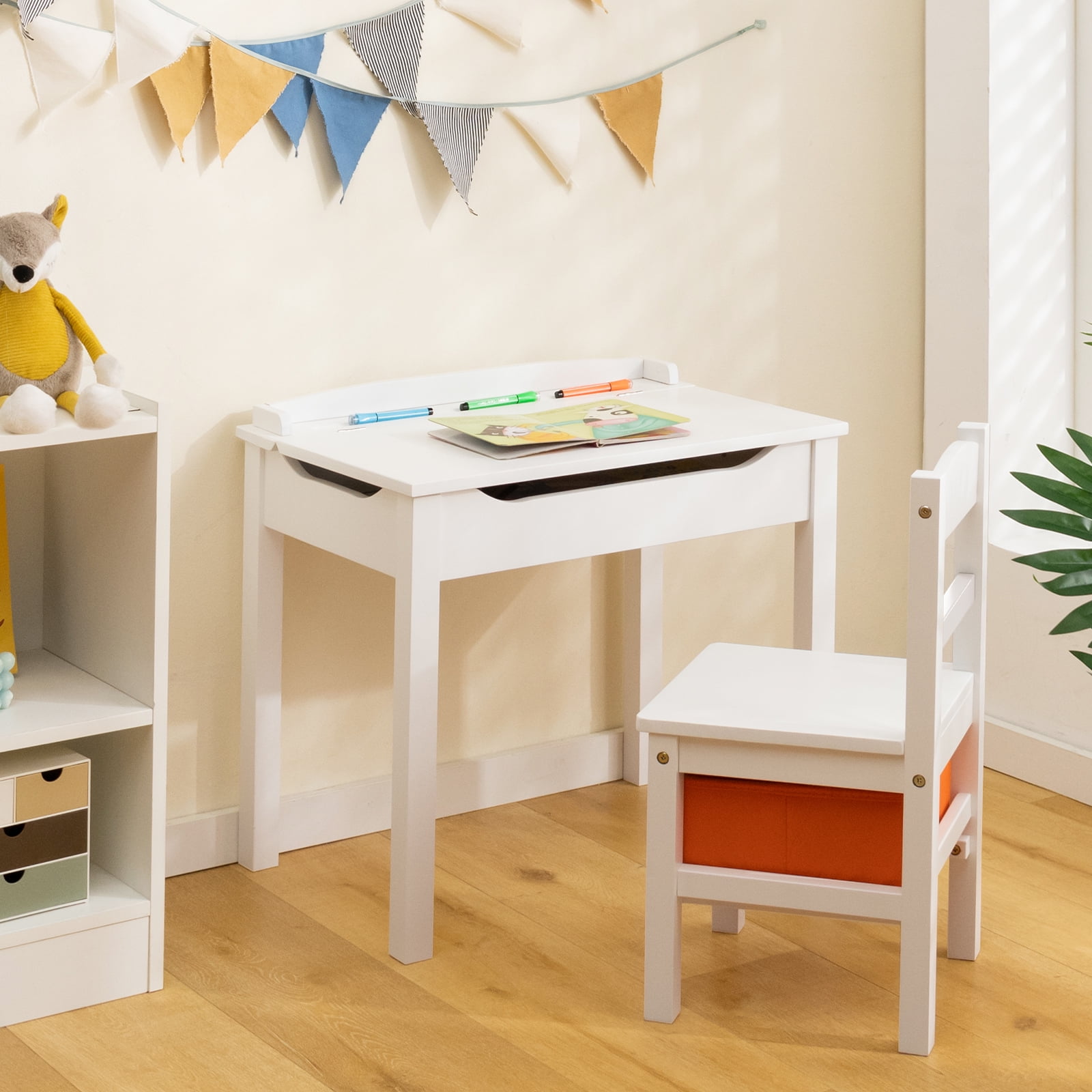 Gymax Kids Table and Chair Set Wood Activity Study Desk w/ Storage Drawer Hook White