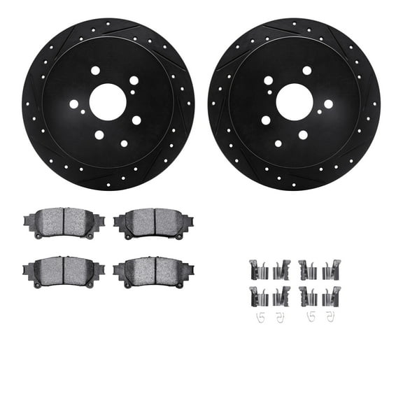 Dynamic Friction Company Rear Brake Rotors-Drilled and Slotted-Black with 5000 Advanced Brake Pads includes Hardware 8512-76167