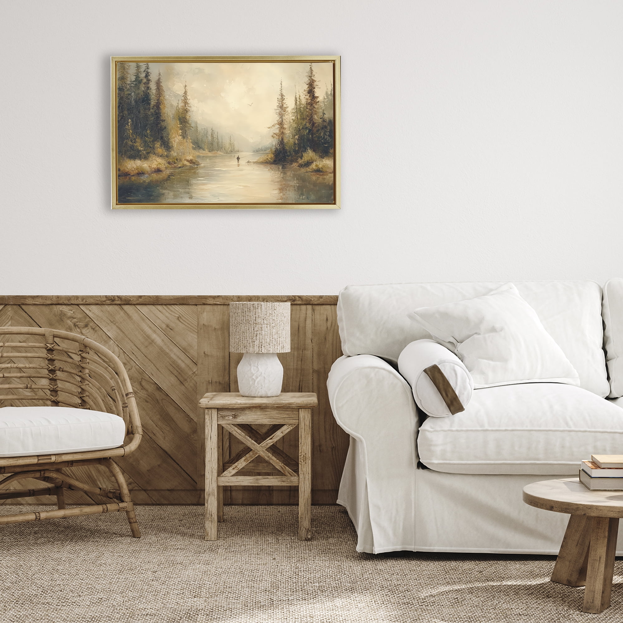 Stupell Industries Fly Fisher at Misty River Gold Framed Floater Canvas Wall Art, design by Petal Prints Design