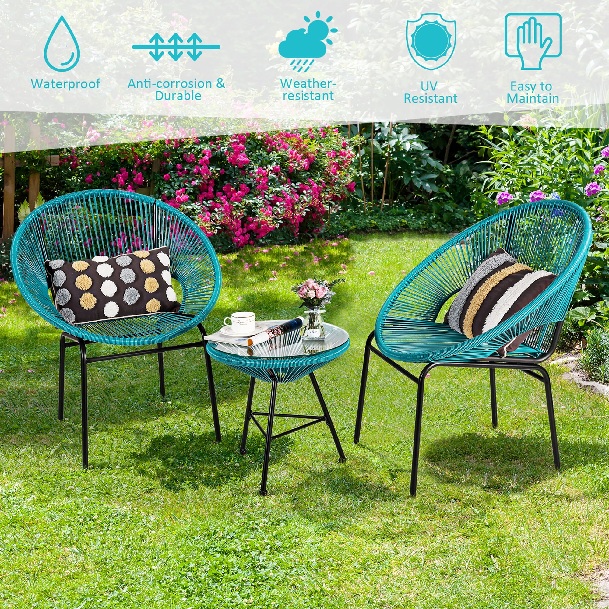 Costway 3PCS Patio Acapulco Furniture Bistro Set Plastic Rope