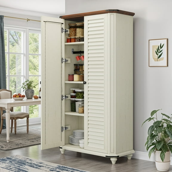 Uforic 67.1"H Wood Garage Storage Cabinet with Hooks & Adjustable Shelves, White