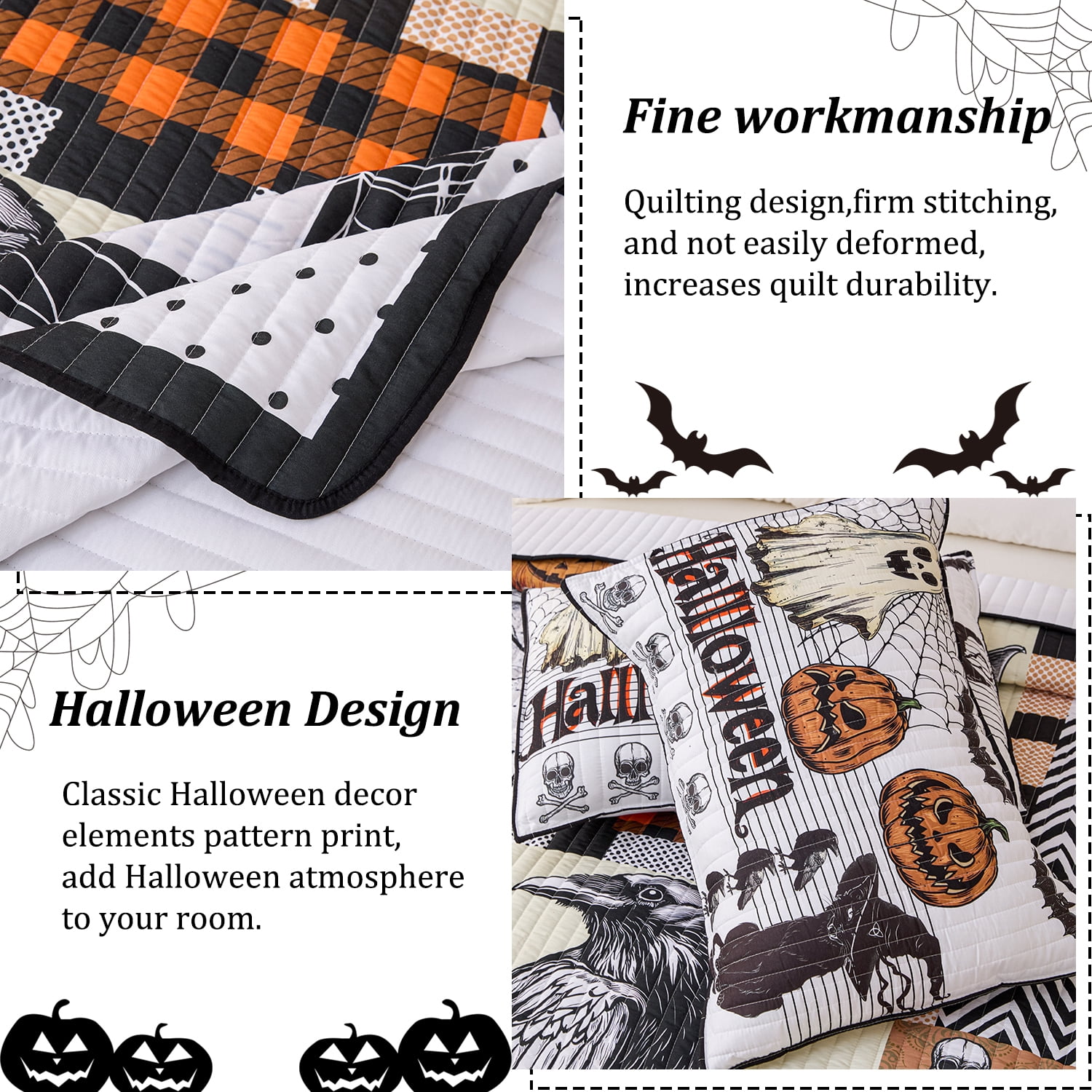 Evenhug Halloween Quilt Set,3-Piece Queen Size Black Cat Pumpkin Bat Spider Halloween Themed Patchwork Bedding Set Reversible Coverlet Set with 2 Pillow Shams