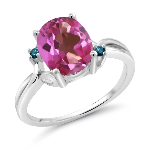 Gem Stone King 925 Sterling Silver Pink Mystic Topaz and Blue Diamond 3 Stone Ring for Women (3.28 Cttw, Oval 10X8MM, Gemstone Birthstone, Size 7)