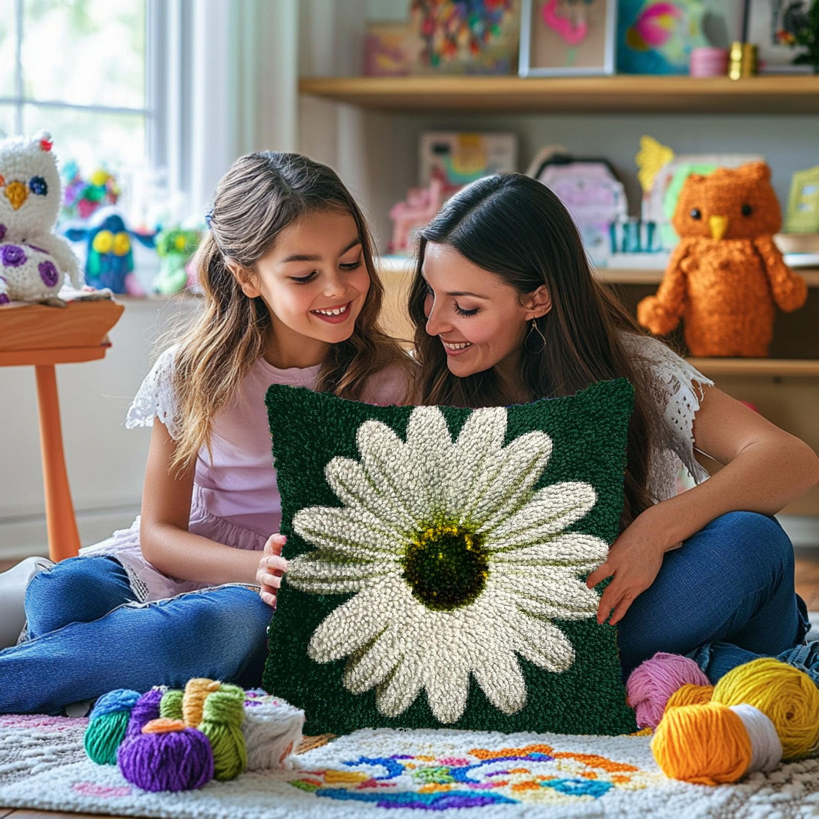 A White Daisu in Green DIY Latch Hook Pillow Kits for Adults Printed Pillowcase Crochet Yarns Hooking Handmade Pillow Cover Cushion for Home Sofa Decoration 17x17inch