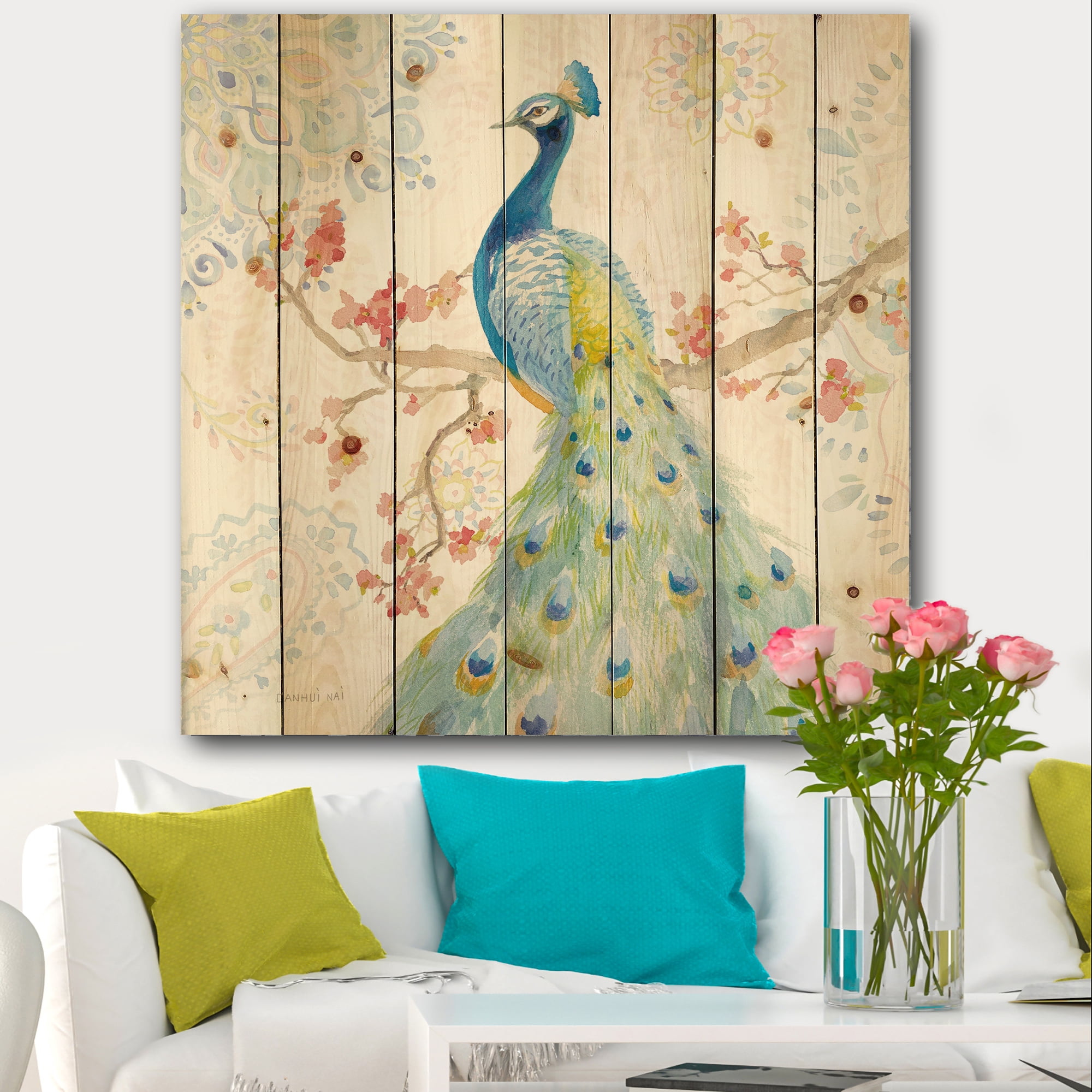 Designart 'peacocks Watercolor II' Traditional Print on Natural Pine Wood