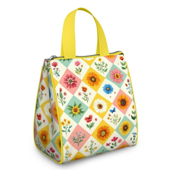 Pioneer Flower Floral Print Pattern Insulated Lunch Bag for Women & Adults,Large Portable Soft Cooler Lunch Bag,Thermal Food Storage Tote with Pearl Cotton,8.66L,8.75x5.75x9.5 Inch