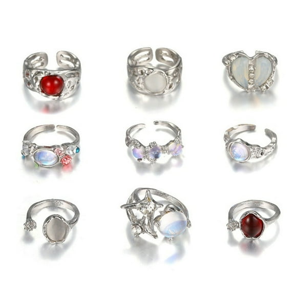 RYUJNDK 9 Pieces Silver Alloy Rings Set for Women Teens Adjustable Size Crystal Rhinestones Everyday Wear Jewelry