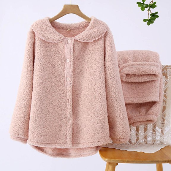 Aoujea 50% Off Clear! Plus Size Womens Pjs Sets Long Sleeve Pajamas for Women Comfy Casual Loose Solid Color Lamb Wool Button Long Sleeve Turndown Collar Set Deals