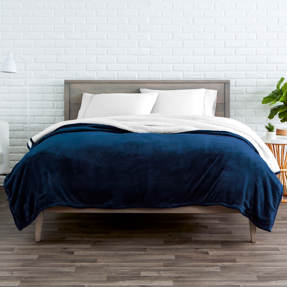 Bare Home Sherpa to Plush Throw Blanket, 50"x60" (Throw, Dark Blue)