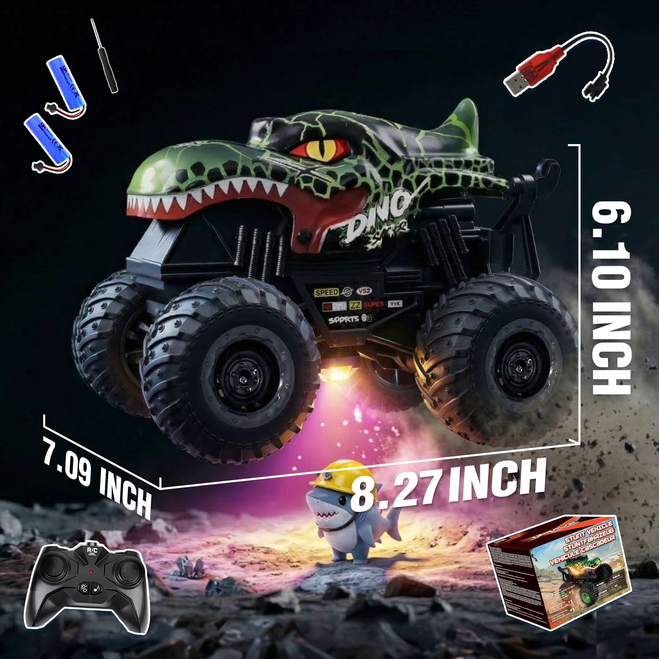 YCFUN RC Monster Truck Toy with 360° Spins, Music and LED Car Shell & Wheels, Dinosaur Toy RC Car for Kids Boys Ages 3+ (Green)