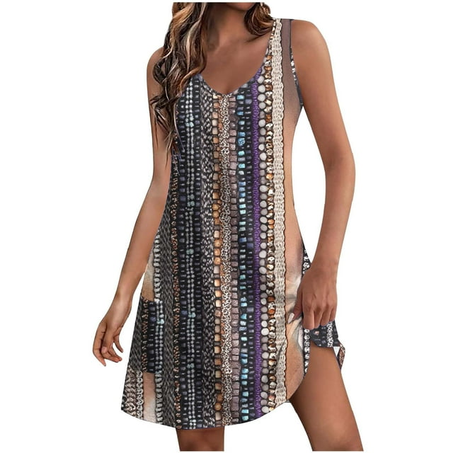 Staron Robe d'Été pour Femmes Sans Manches, Cache-Maillot, Robe Bohème avec Poches, Décontractée de Plage, Imprimé Floral, Fluide, Camisole Ample, Col en V, Robes m