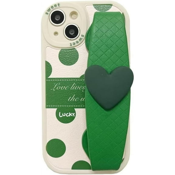 Vintage Green Polka Dots Phone Case with Love Heart Wristband and Adjustable Shoulder Strap, Shockproof Soft Case for iPhone 13 Pro