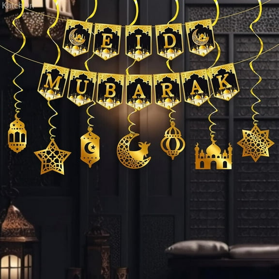 Eid Mubarak Banner Bunting Garland Spiral Decor Backdrop Ramadan Banner Decor