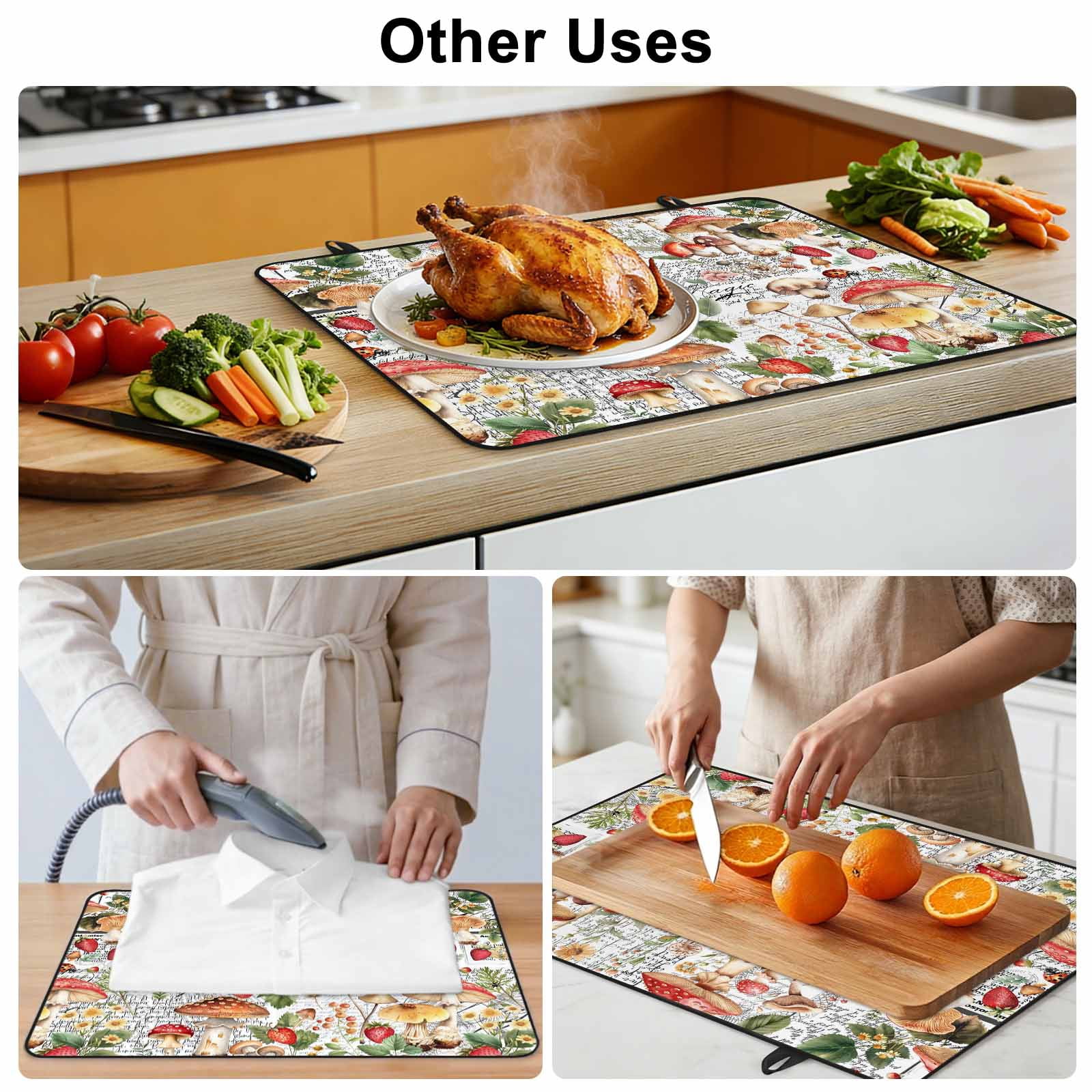 Mushroom Stove Top Cover for Electric Stove, Heat-proof & Non Slip Glass Top Stove Cover Protector, Pastoral Summer Botanical Watercolor Vintage Kitchen Flat Cooktop Rubber Mat 24x21 Inches
