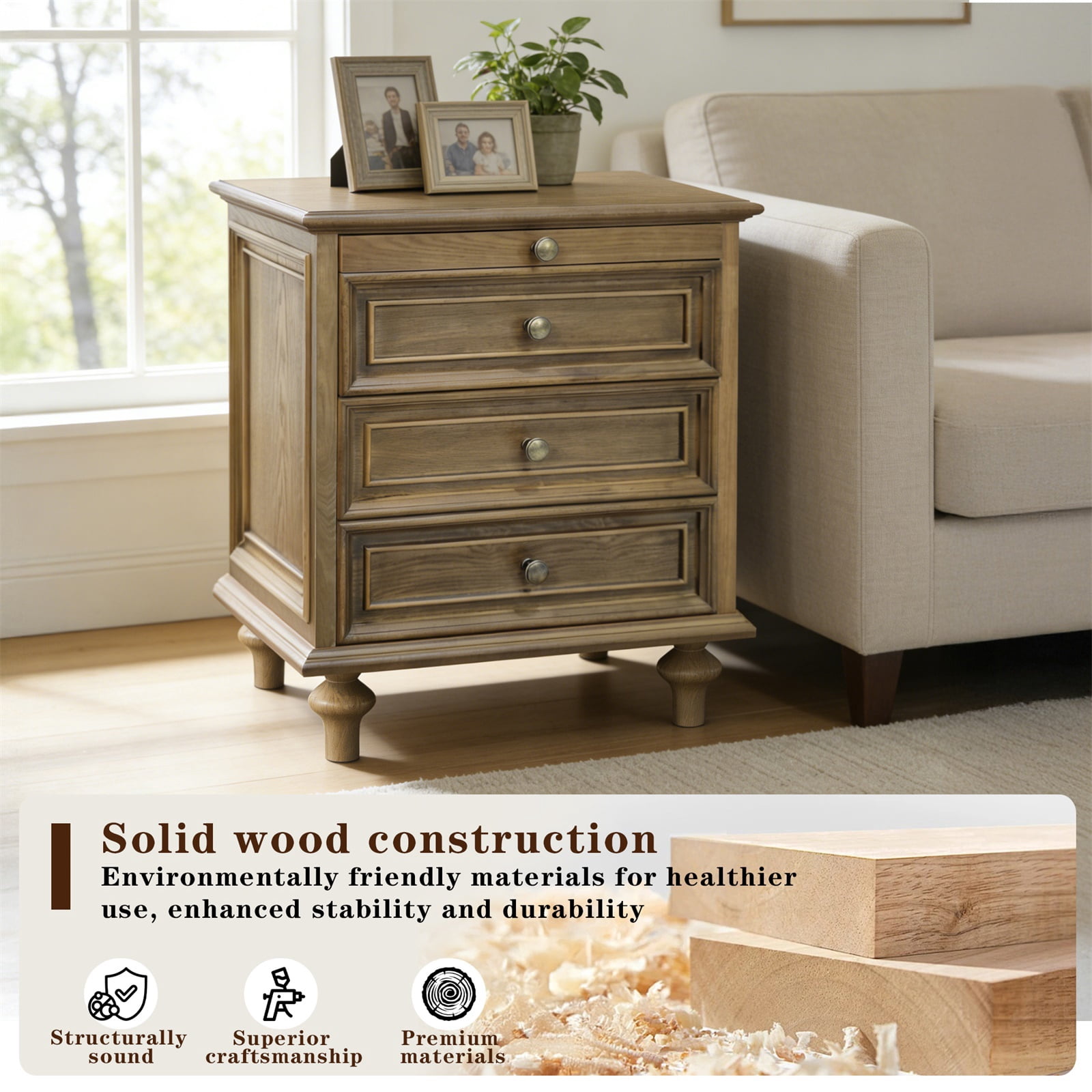 Hommoo Farmhouse Wood 4-Drawer Nightstands, Large End Table Bedside Table with Solid Wood Feet and Metal Handle, for Living Room,Bedroom,Office, Walnut Brown