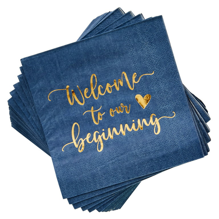 Sparkle and Bash 100 Pack Navy Blue Cocktail Paper Napkins for Reception, Welcome to Our Beginning, Wedding Party Supplies, 5x5 in