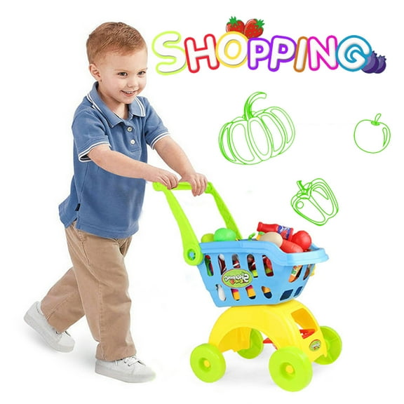 NimJoy Blue Big Toy Shopping Cart W/Cutting Foods ABS Toys for Boys 3-6 Years Kids, Pretend Play Shopping Grocery Play Set Gifts to Toddlers Girls Boys (Unisex)
